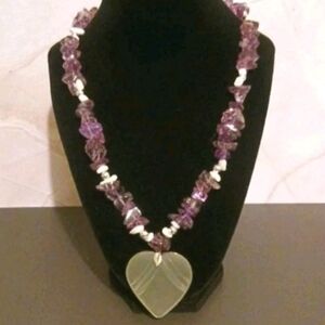VTG Amethyst Chip Necklace 20" w/ Large Heart Stone Pendant 2" Estate Jewelry